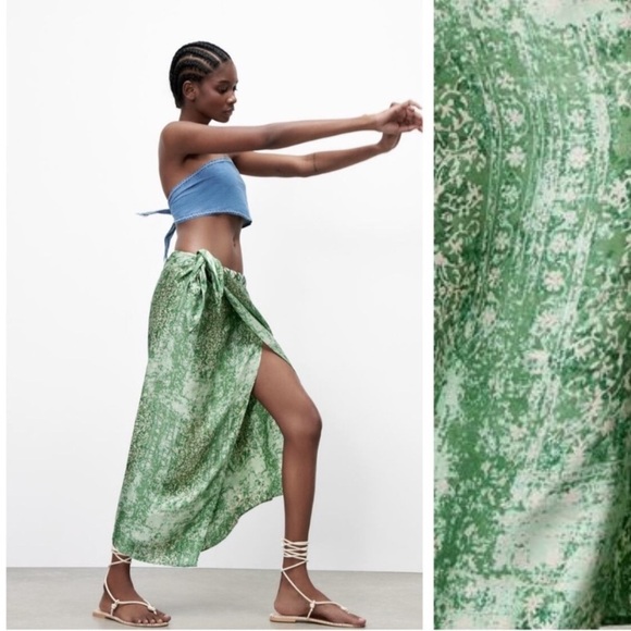Zara Green Printed Wrap Skirt with Beaded Waist Size 26 - Picture 5 of 12